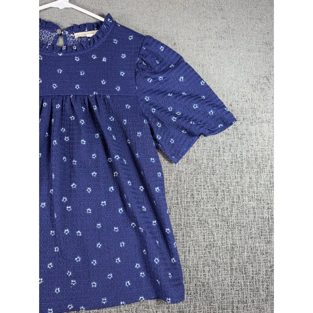 LOFT Navy Blue Floral Seersucker Ruffle Neck Puff Sleeve Blouse Small